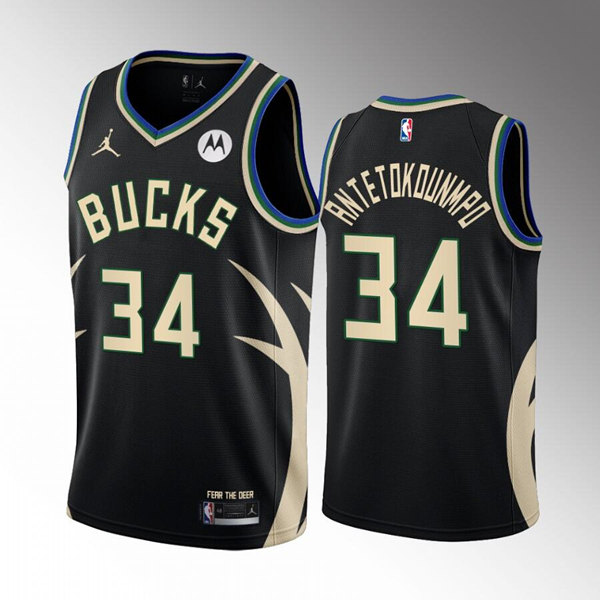 Men's Milwaukee Bucks #34 Giannis Antetokounmpo 2022/23 Black Statement Edition Stitched Basketball Jersey